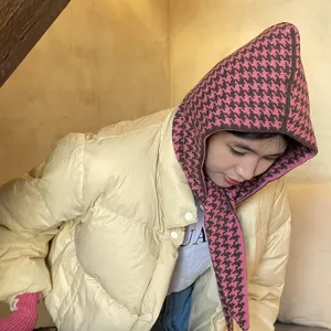 Pink brown houndstooth knitted balaclava hooded scarf winter warm stylish cozy headwear