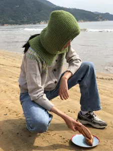 Knitted balaclava hood scarf for women, warm winter fleece knit hat and neck warmer set.
