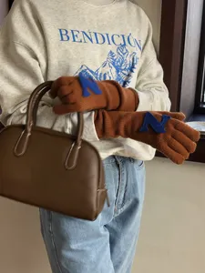 Nahaufnahme brauner Strickhandschuhe mit blauen N-Buchstaben-Patches als warmer Winterschutz.