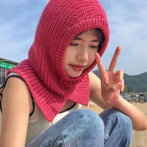 Winter Warm Balaclava Knit Hat Scarf Integrated Windproof Wool Cap For Women Solid Color Outdoor Cold Weather Headwear