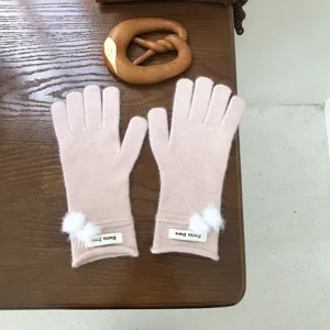 Damen Strick Handschuhe Winter warm einfarbig flauschige Bälle süß stilvoll Alltag kleiden