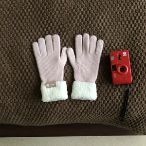Pink knit gloves with white fluffy cuffs, thick warm winter thermal touch screen knit gloves.