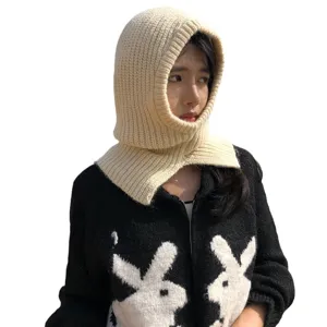 Cozy knitted balaclava hood and scarf set in beige, warm winter headwear for women.