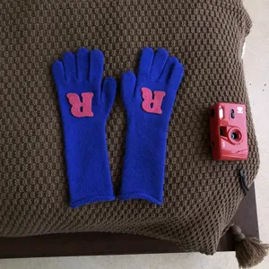 Detailansicht blauer Strickhandschuhe mit rosa Buchstabe, gemütlich für Herbst und Winter.