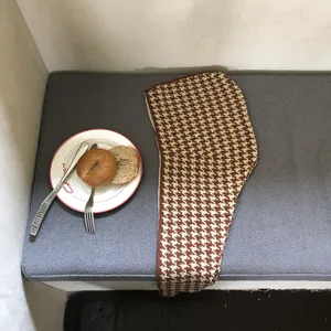 Brown beige houndstooth knitted balaclava scarf integrated detail view for winter fashion