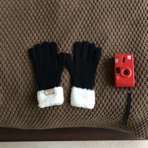 Black knit gloves with fluffy white cuffs, thickened warm winter touchscreen gloves for women.