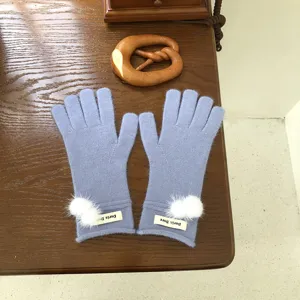 Damen Winter warme Strickhandschuhe einfarbig süße Bommel Touchscreen Handschuhe für Alltag