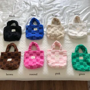 Plush checkered handbag winter fuzzy tote bag cute casual women small shoulder purse