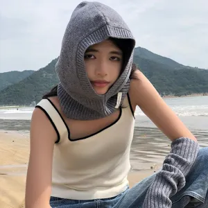 Ensemble cagoule en tricot gris et chauffe-bras, bonnet d'hiver chaud en laine pour femme.