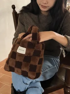 Winter plush checkerboard handbag for women, cute brown fuzzy tote bag, cozy daily purse.