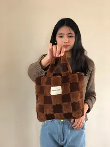 Winter plush checkerboard tote bag for women, soft brown aesthetic grid handbag for daily use.
