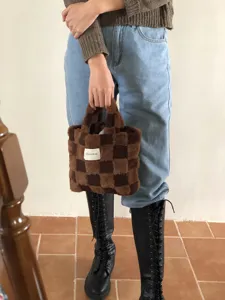 Brown checkerboard plush handbag for women, fluffy winter tote bag with top handles stylish.