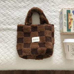 Winter plush checkerboard tote bag for women, soft brown checkered handbag, casual student purse.