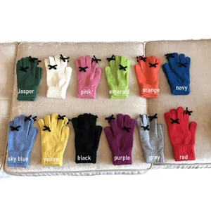 Damen süße Winter Strick Fünffinger Handschuhe Touchscreen warme einfarbige Handschuhe Schleife