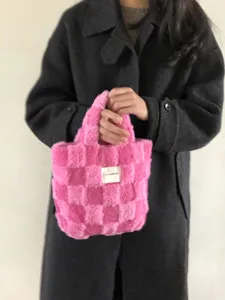 Winter plush checkered handbag, cozy fuzzy tote bag for women and girls, stylish daily wear.