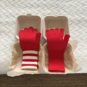Nahaufnahme niedlicher roter und gestreifter Strick-Touchscreen-Handschuhe in Boxen.