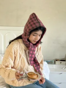 Knitted hooded scarf in pink and brown plaid, cozy winter balaclava and beanie combo.