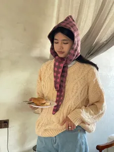 Knit plaid hooded scarf integrated shawl warm winter beanie for women stylish daily wear.