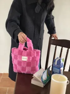 Pink plush checkered handbag, winter fuzzy tote bag for women, soft aesthetic everyday purse.