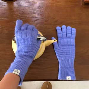 Herbst Winter lila Waffelstrick Fünffinger Handschuhe lang thermisch Wolle warm stilvoll Mode