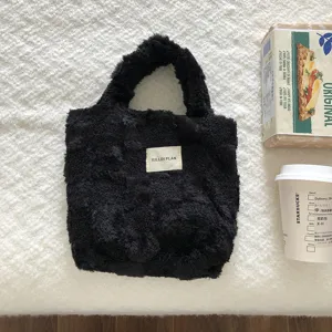 Winter black plush handbag soft fuzzy tote bag casual cute furry shoulder bag for women