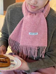 Solid color wool scarf for women winter warm tassel knitted scarf soft cozy neck warmer pink