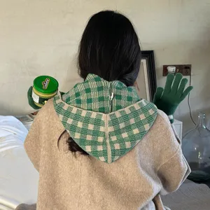 2023 Autumn Winter Green Plaid Knitted Hooded Scarf Warm Thickened Shawl Cap Back View