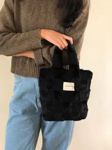 Winter plush checkered tote bag, Korean style soft furry handbag for casual daily use.