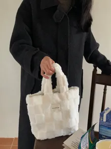 Winter fluffy checkered handbag for women, cute plush tote bag, casual fuzzy purse, stylish.