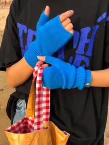 Strick fingerlose Handschuhe Damen, warme Winter Halbfinger Touchscreen Handschuhe blau.