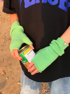 Damen Strick fingerlose Handschuhe Herbst Winter warme Halbfinger Handwärmer uni grün chic