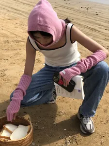 Winter wool arm warmers and knit balaclava hood set, solid color cozy half-finger gloves for women.