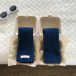 Dark blue ribbed wool arm warmers cozy winter long sleeves solid knit daily wear chic