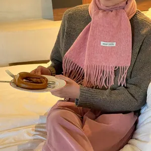 Solid color winter 100% wool fringe scarf for women, warm and cozy knit neck warmer.