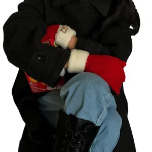Winter warm knitted gloves with plush cuffs, thick cozy fleece lined red gloves for women.