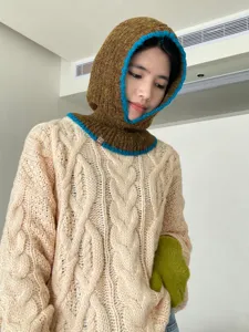 Korean winter knit balaclava hat and cozy cable knit sweater detailed showcase view.