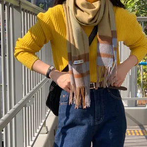 Herbst Winter koreanischer Stil 100% Wolle Karierter Schal mit Fransen Damen Mode