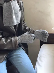 Winter warm knitted cabled gloves for women, elegant grey wool blend five finger mittens.