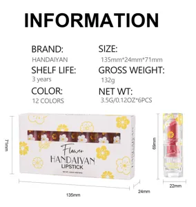 Handaiyan matte lipstick gift set detail view showing product dimensions, box packaging and lipstick size specs.