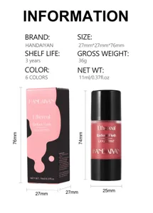HANDAIYAN liquid blush detailed dimension spec sheet showing bottle and box size and weight specs.