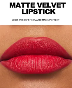Matte velvet lipstick close up showing rich red color and soft fog makeup finish details.