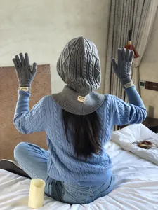 Winter cable knit gloves and hood scarf set for women, warm thermal thick winter accessories.