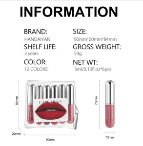 Detailed view of HANDAIYAN 6pcs capsule lip gloss set with exact product dimensions and specs.