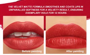 Close-up detail showing matte velvet lipstick application effect and smooth texture on lips.