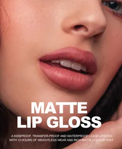 Matte lip gloss detail shot, showing long-lasting waterproof velvet finish and rich lip texture.