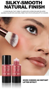 Close-up of liquid blush application on model skin with silky natural finish and radiant glow.
