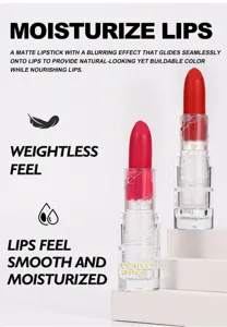 Matte lipstick detail view, transparent tube packaging, smooth creamy texture and vibrant color.