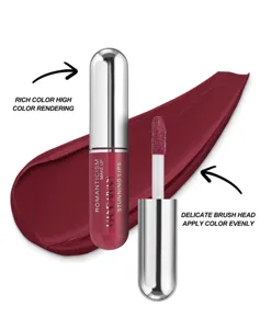 Lip gloss detail view showing smooth applicator brush and rich matte red color swatch.