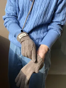 Winter brown cable knit gloves detail, warm knitted five finger gloves with chic design label.