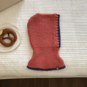 Korean style pink blue colorblock knitted balaclava winter warm cozy hood scarf all in one.